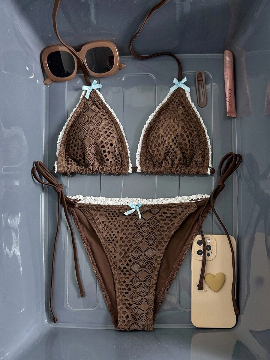 Swim Mod 2pcs Women's Swimsuit Set, Mesh & Lace Patchwork Halter Bikini Top And Triangle Bottoms