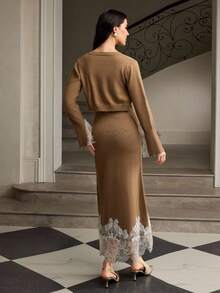 ZEYLAH Elegant Commuter Lace Patchwork Knit Dress & Cardigan Set - Khaki - View 4