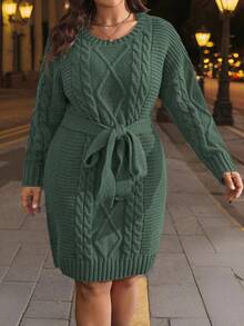EMERY ROSE 秋冬大码纯色扭结优雅长袖毛衣裙 - 綠色 - 查看 4