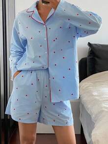 DAZY Damen Pyjama-Set mit durchgehendem Herz-Muster und Kontrastnaht, Herbst-Winter Kleidung