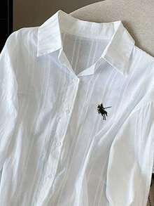 Resyla Neue Mode Loose Lässig Pferd Stickerei Einfache Textur Leichte Jacke Hemd für Frauen - Weiss - Übersicht 3