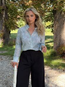 Jeta Ari Women's Dusty Blue Woven Fabric Long Sleeve Collared Sheer Blouse Casual Floral Button-Down Top - Dusty Blue - View 4