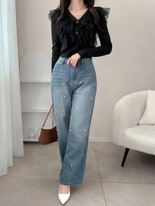 FRIFUL 女式黑色纯色 V 领褶皱分层网眼装饰长袖修身百搭 T 恤，秋季 - 黑色 - 查看 2