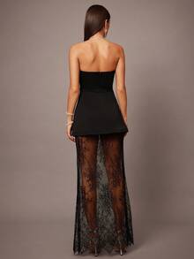 Silquee Autumn And Winter 2-Piece Black Cropped Corset Top And Lace Hem Mini Skirt, Suitable For Dates, Graduations, Concerts, Bridesmaid Dresses, Weddings, Romantic Occasions, Minimalist Style, Elegant Everyday Wear, Off-The-Shoulder Black Dress, Tube Top Two-Piece Set, Tube Top + See-Through Skirt Two-Piece Set - Black - View 2