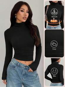 SHEIN PETITE Áo thun nhung ấm áp cổ đứng dành cho nữ - màu đen - Xem 1