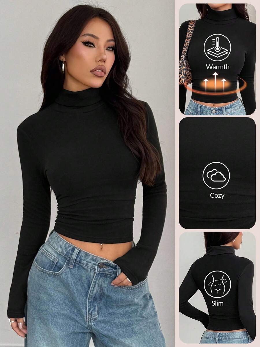 SHEIN PETITE Áo thun nhung ấm áp cổ đứng dành cho nữ - màu đen - Xem 1