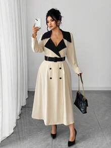 Cravure Plus Size Color Block Double Breasted Belted Elegant Long Sleeve Dress - Apricot - View 6
