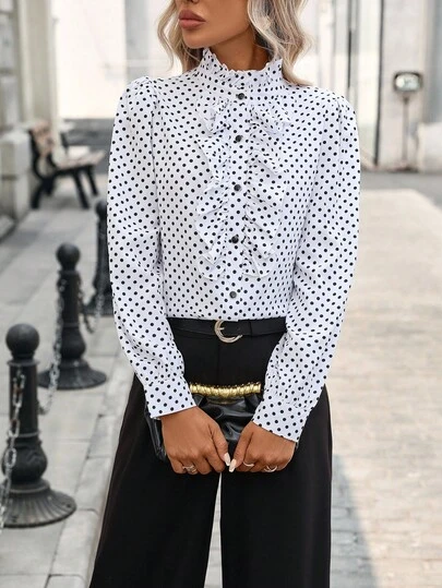 Pariaura Women's Polka Dot Print Frill Trim Stand Collar Long Sleeve Elegant Blouse