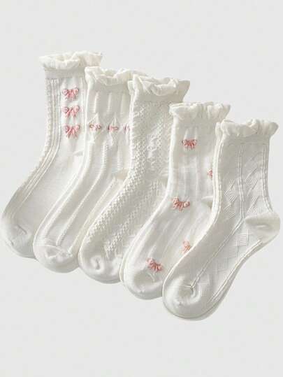 Kawaii 5pairs Women Bow Pattern Crew Socks