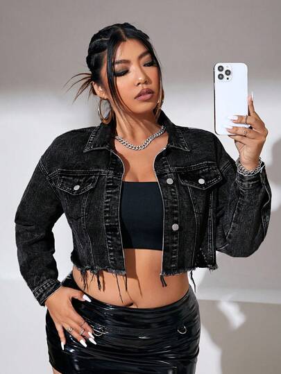 SHEIN ICON Plus Size Casual Washed Frayed Hem Cropped Denim Jacket