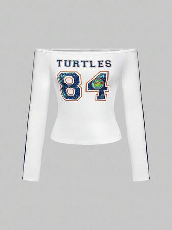 TEENAGE MUTANT NINJA TURTLES X ROMWE Maglietta a maniche lunghe con spalle scoperte, con grafica di lettere e numeri, autunnale