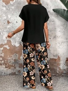 SHEIN LUNE Vintage Casual Romantic Vacation Mature, Black Round Neck Loose Pants Women's Versatile Two Pieces Set, Floral Print Pattern Suitable For Spring And Autumn, Comfortable - Multicolor - View 2