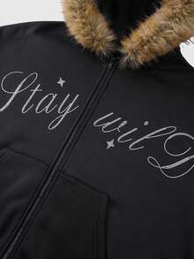 ROMWE MEN Street Life Men's Rhinestone Letter Embellished Hooded Sweatshirt - Black - View 4