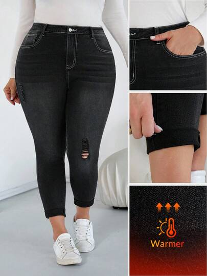 SHEIN CURVE+ Plus Size Women Casual Distressed Skinny Jeans,Winter Women's Jeans,Ined For Added Warmth,Fall Pants Denim Pants, Fall And Winter Denim Jeans,Thickened Denim,Thermal Denim,Brushed Fabric Thermal ,Fall,Women's Fall Clothes,Winter,Warm Autumn Comfortable,Travel, Commuting, Party, Vacation, Old Money Style, Shopping, Banquet, Elegant, Party, Date,Lined For Added Warmth,Winter,Fall ,Autumn,Halloween,Christmas ,New Year,Thanksgiving, Party,Christmas,Halloween