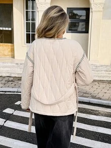 SHEIN Frenchy Women's Light Beige Winter Elegant Hiking Contrast Trim Round Neck Drop Shoulder Long Sleeve Button Front Casual Padded Coat,Quilted Jacket,Brown - Khaki - View 2
