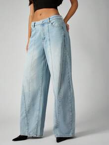 MISSGUIDED 棉质高腰阔腿筒形牛仔裤，带接缝细节，浅色水洗牛仔阔腿裤，女士 - 淺色水洗藍 - 查看 6