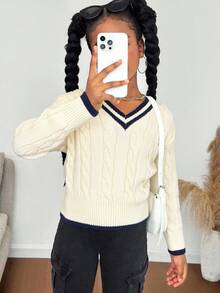 Tween Girl 纯色条纹细节 V 领条纹麻花针织休闲毛衣，秋冬保暖，返校日穿 - 杏色 - 查看 5