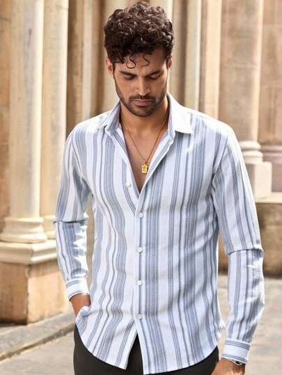 Manfinity NXTstreet 男士休闲梭织条纹修身长袖衬衫蓝色条纹衬衫蓝白条纹衬衫男士条纹衬衫长袖条纹衬衫，适合秋季，老款