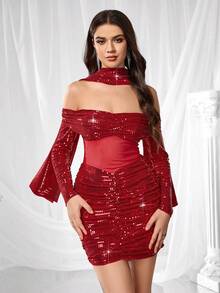 Coutiva Women's Sequin Off Shoulder Long Sleeve Mesh Ruffle Fitted Cocktail Party Dress,Luxury Evening Gown,Pearl Cuff Design,Formal Wedding Guest Graduation - Red - View 8