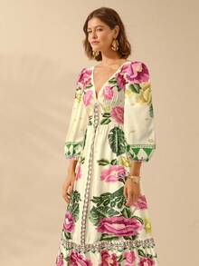 CAJUNI 女式波西米亚风热带花卉 V 领长袖露背 A 字形度假连衣裙 - 彩色 - 查看 4