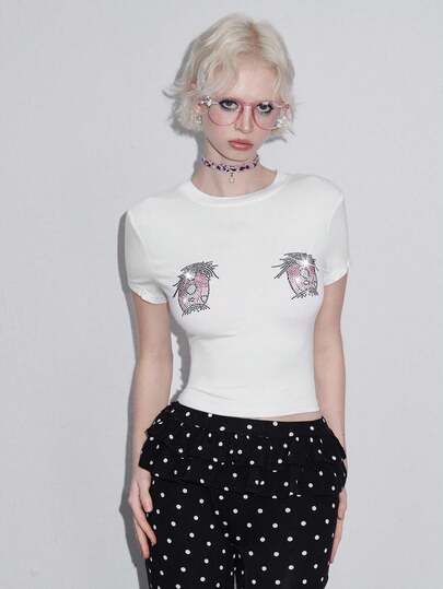 Kawaii Y2K Strass Anime Großaugen Muster Figurbetontes Damen T-Shirt