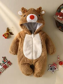 SHEIN Newborn Deer Shaped Outfit, Cute Christmas Deer Horn Plush Long Sleeve Jumpsuit Fall Winter