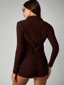 MISSGUIDED Ribbed Knit Button Front Crop Cardigan Hot Pants Set Winter Co-Ord Fall Lounge Wear Casual Fashion - Coffee Brown - View 2