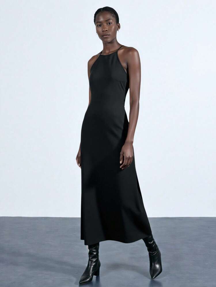 SHEIN Maija Women's Solid Color Backless Criss-Cross Halter Neck Sexy Dress Christmas Evening Clothes New Year Atmosphere Holiday Party Women's Clothing Elegant And Intellectual Female Wedding Guest Dress Outfit And Beautiful French Lazy High-End Sense Of Intelligence And Elegance Old Money Style Cruise Clothing Vacation Wear All-Season Christmas Evening Clothes New Year Atmosphere Holiday Party Women's Clothing