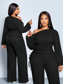 SOLERSUN Plus Size Women Summer Black Winter Smart Casual Dinner Two Pieces Set,Asymmetrical Shoulder Long Sleeve Drawstring Top & Slim  Micro Flared Pants Set - Black - View 7