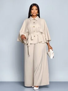 SOLERSUN Ensemble 2 pièces pour femmes grande taille, couleur unie, automne/hiver. Top ample vintage élégant à manches cape kaki et pantalon long. Tenue d'affaires décontractée pour un port quotidien en automne. Cape, veste à col ouvert, ceinture à boucle. - Nude - Voir 7