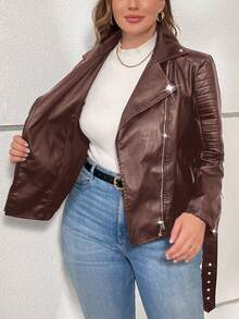 SHEIN Privé Plus Size Elegant Casual Personalized High Street Music Festival Long Sleeve Blazer Lapel Pocket PU Embossed Jacket, Suitable For Holiday, New Year, Party, Elegant Office Wear Autumn Winter Clothes For Women