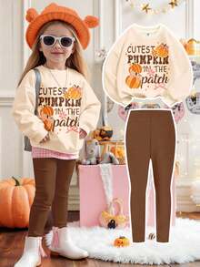 SHEIN Bộ đồ 2 món Happikins màu trắng kem in hình bí ngô và nơ dễ thương, áo nỉ dài tay dáng rộng thoải mái và quần skinny, thích hợp cho mùa thu/đông, chủ đề bí ngô Halloween, trang phục mùa thu, thoải mái dễ chịu, đồ nhiều lớp mùa thu cho bé gái, phong cách thời trang cho bé gái, trang phục thường ngày, quần áo in hình cho bé gái, trang phục mùa thu. - Nhiều màu - Xem 1