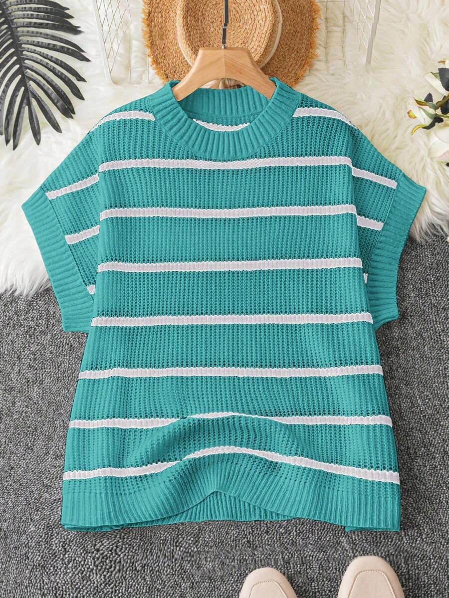 DreamSkyne 大码女式休闲宽松针织套头背心,卡其色拼布黑色提花日常毛衣背心 - 綠色 - 查看 1