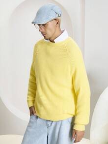 Claim Dot Men's Casual Solid Color Minimalist Crew Neck Long Sleeve Yellow Sweater, Fall Winter - Mustard Yellow - View 4