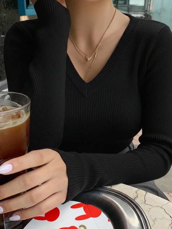 Dazy-Less pull col V manches longues style casual chic, automne/hiver