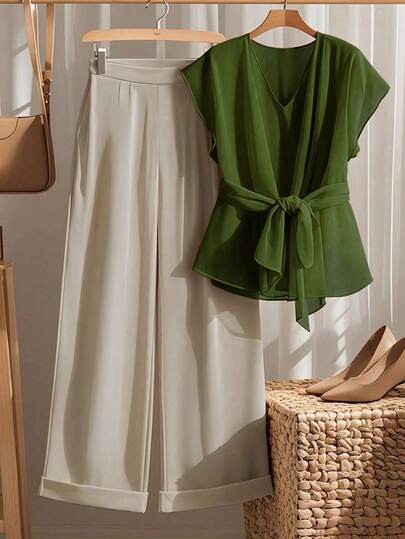 INAWLY Plus Size Casual Commuter Solid Color Shirt And Pants 2 Pieces Set