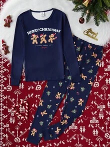 Conjunto de pijama ajustado para adolescentes varones, camiseta de manga larga azul marino con gráfico de hombre de jengibre juguetón, pantalones a juego azul marino con estampado de hombre de jengibre y árbol de Navidad, hecho de tela de punto elástica, perfecto para usar en interiores durante la temporada navideña