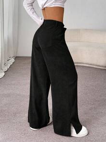 SHEIN Unity Quần ống đứng dài đến sàn rộng rãi, vải nhung kẻ xẻ hở, mặc mùa thu/đông, giúp thon gọn cho phụ nữ - màu đen - Xem 2