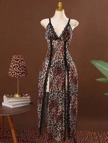 SHEIN Bộ 2 chiếc/Bộ Đầm Maxi Lưới Họa Tiết Da Báo Cỡ Lớn + Quần Lót Dây - Nhiều màu - Xem 3