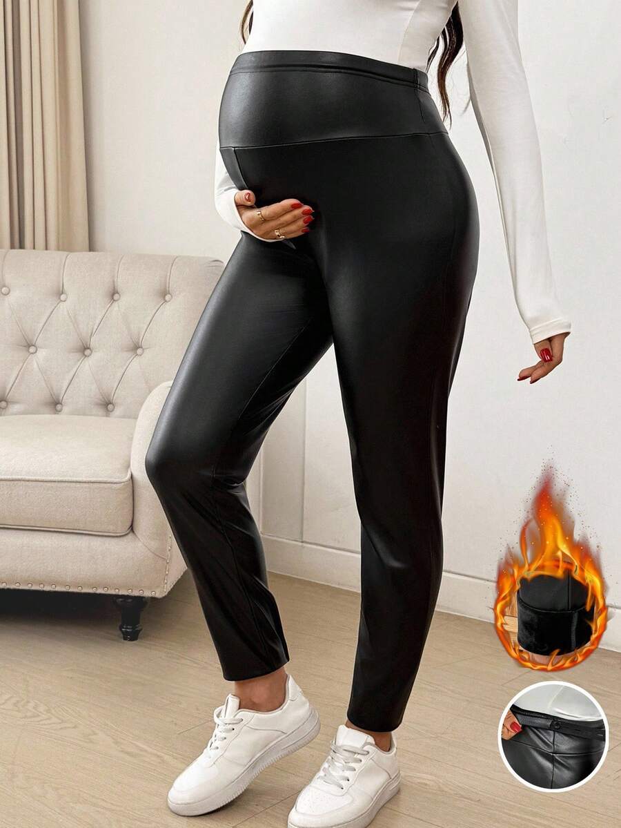 SHEIN 孕妇纯色可调节腰围PU皮革紧身裤 - 黑色 - 查看 1