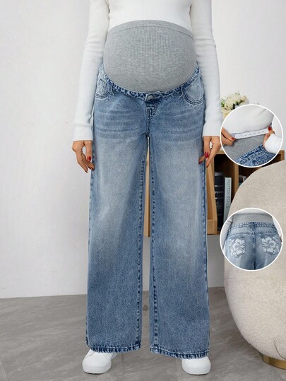 SHEIN Maternity Contrast Color Block High Waist Floral Print Jeans