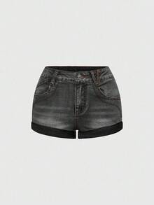 ROMWE Fairycore Shorts vaqueros de talle bajo con estilo gótico lolita de talla grande, con bordado de corazón, decoración de cristal de lágrima y estrella - Negro - Ver 4