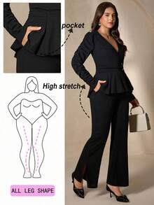 Chikora Plus Size Women's Black 2 Pieces Set,Elegant Autumn Long Sleeve Top And Pants Suit,Formal Business Casual Office Outfits For Dinner Evening Clothes - Black - View 2