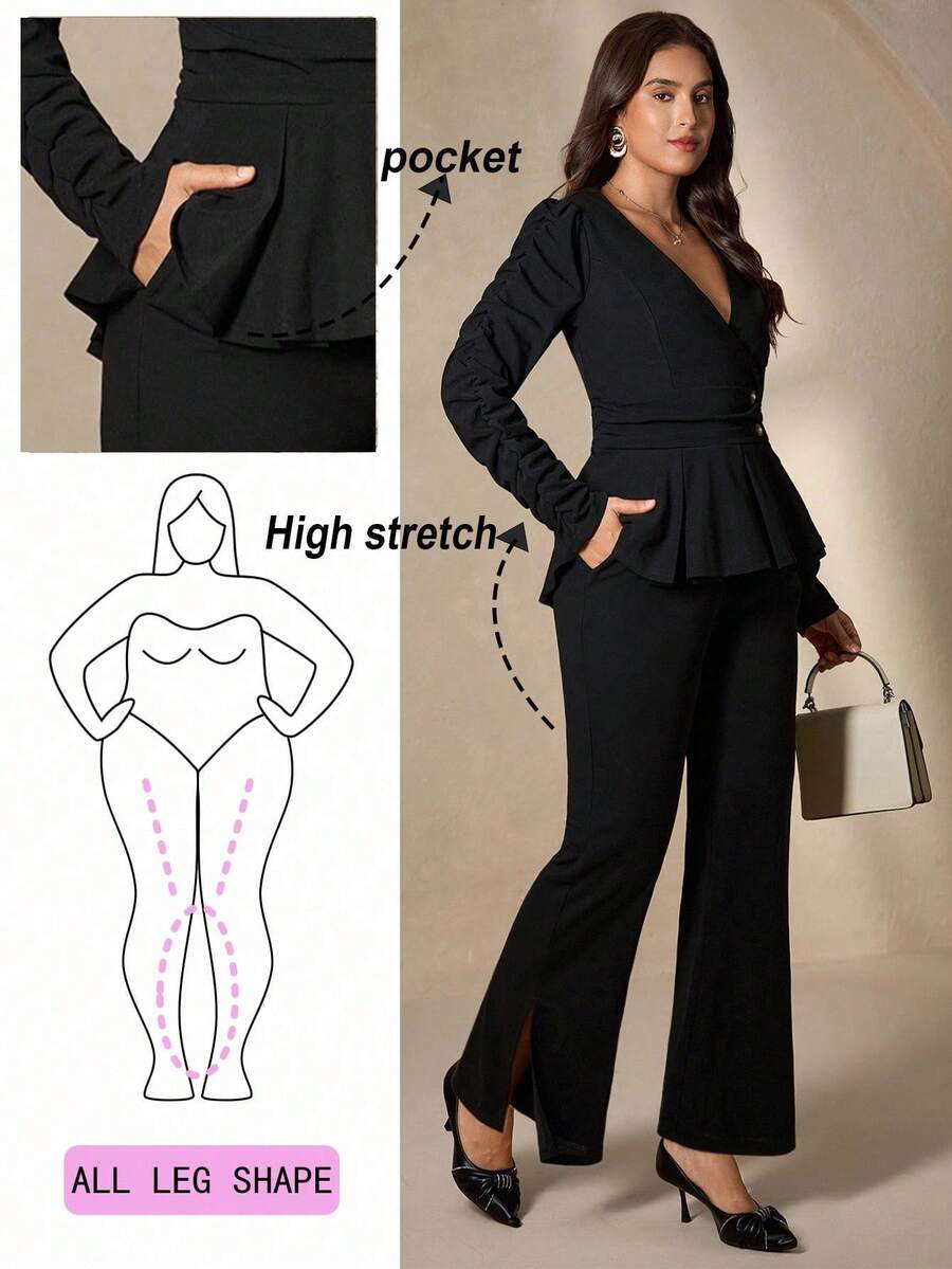 Chikora Plus Size Women's Black 2 Pieces Set,Elegant Autumn Long Sleeve Top And Pants Suit,Formal Business Casual Office Outfits For Dinner Evening Clothes