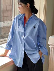 DAZY Casual Loose Business Minimalist Long Sleeve Women Blouses - Blue - View 4