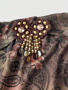 ROMWE Váy hở vai mini tay loe họa tiết Paisley, ren xếp nếp phong cách Hippie cổ điển cỡ lớn cho nữ - màu nâu - Xem 3