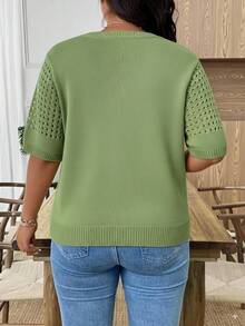 EMERY ROSE Plus Size Casual Hollow Out Round Neck Short Sleeve Tops - Green - View 2