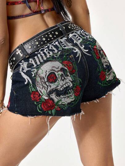 Grunge Punk Shorts vaqueros con diseño bordado de esqueleto con rosa para mujeres en estilo gótico punk Y2K
