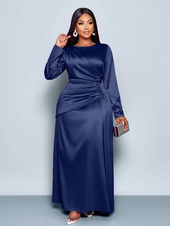 SOLERSUN Women's Elegant Solid Color Ruched Side Satin Bodycon Dress,Suitable For Dating Party Maxi Women Outfit