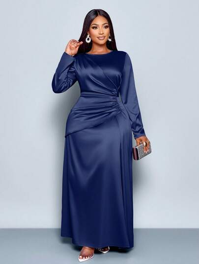 SOLERSUN Women's Elegant Solid Color Ruched Side Satin Bodycon Dress,Suitable For Dating Party Maxi Women Outfit